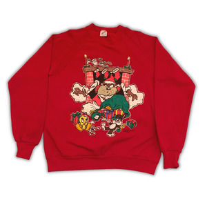 Vintage Jerzees Looney Tunes Christmas Tasmanian Devil Santa Chimney Men Sz XL